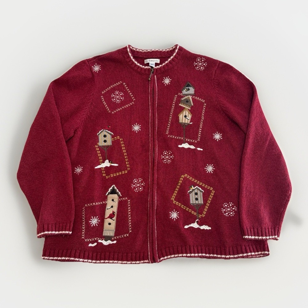 Croft & Barrow VTG Women's Bird And Birdhouse‎ Zip Up Sweater XL Cottage Holiday